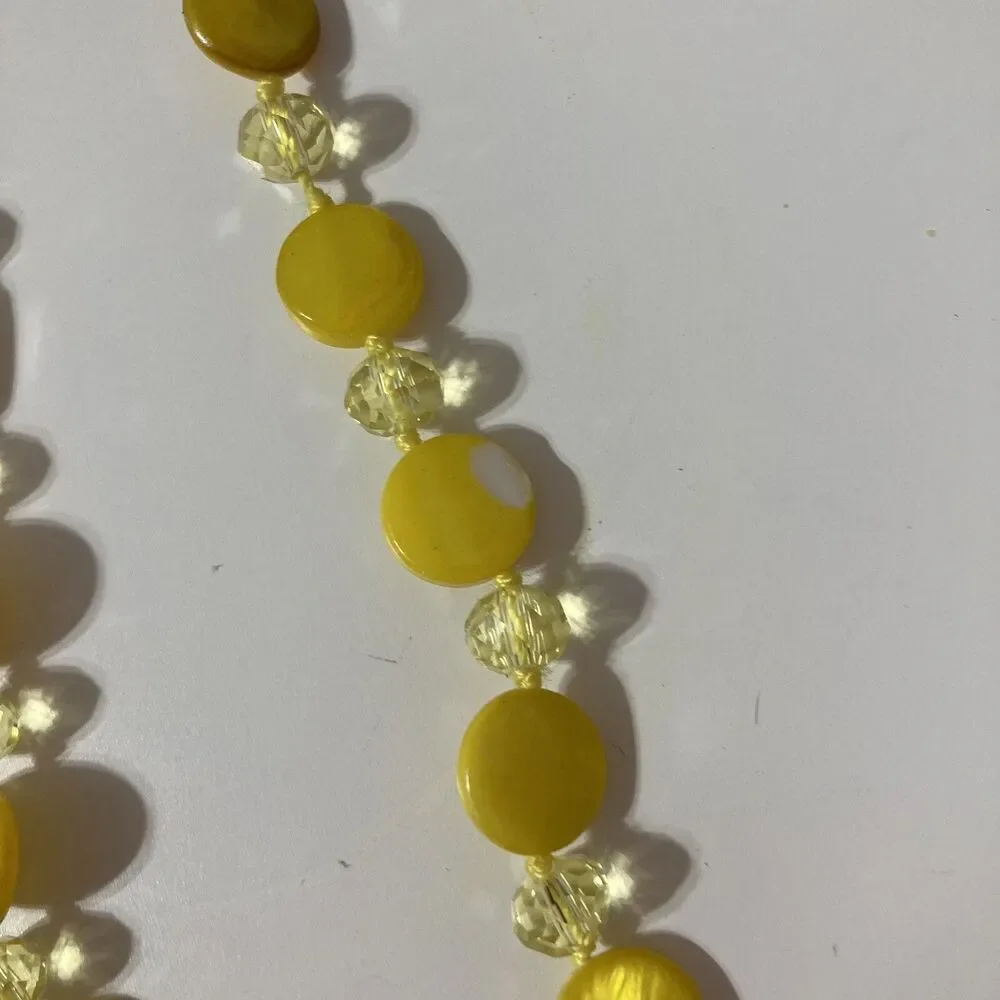 Long Yellow Round Disc Transparent Beaded Cord Necklace Bohemian Lobster Clasp